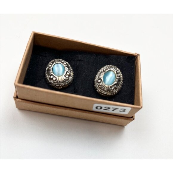 Vintage Silver-Tone Filigree Oval Earrings With Blue Glass Cabochons - Picture 3 of 5